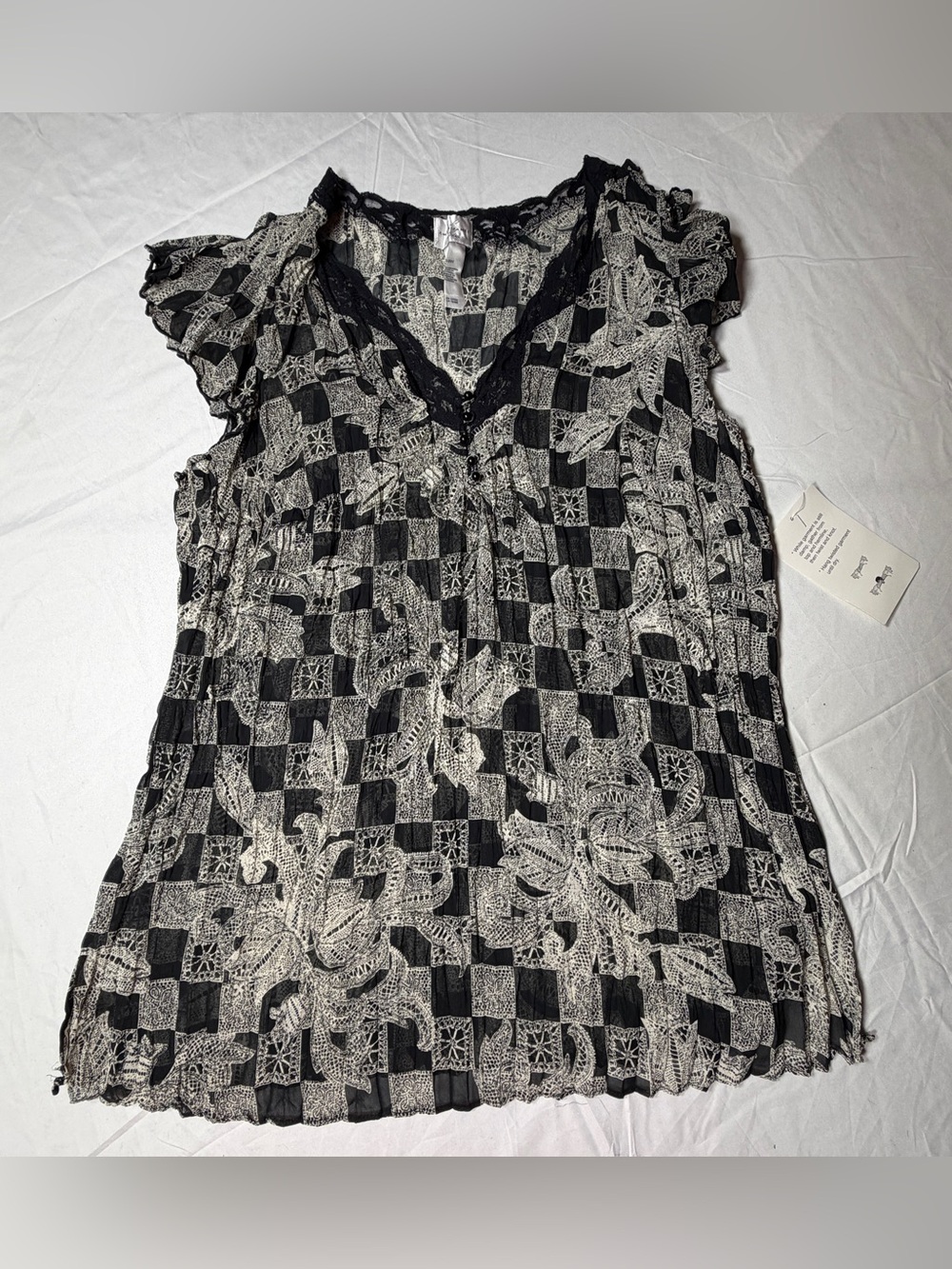 Emma James Woman NWT Black White Checkered Floral Lace Trim Blouse 18W Boho Y2K